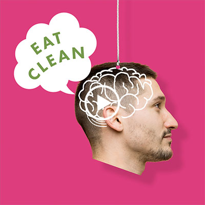 Profile of a person with a stylized brain outline, thinking 'EAT CLEAN' in a speech bubble against a bright pink background