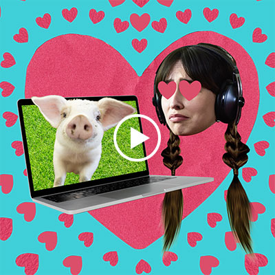 Woman with headphones and heart-shaped eyes looking at a laptop screen showing a cute pig, surrounded by pink hearts on a teal background
