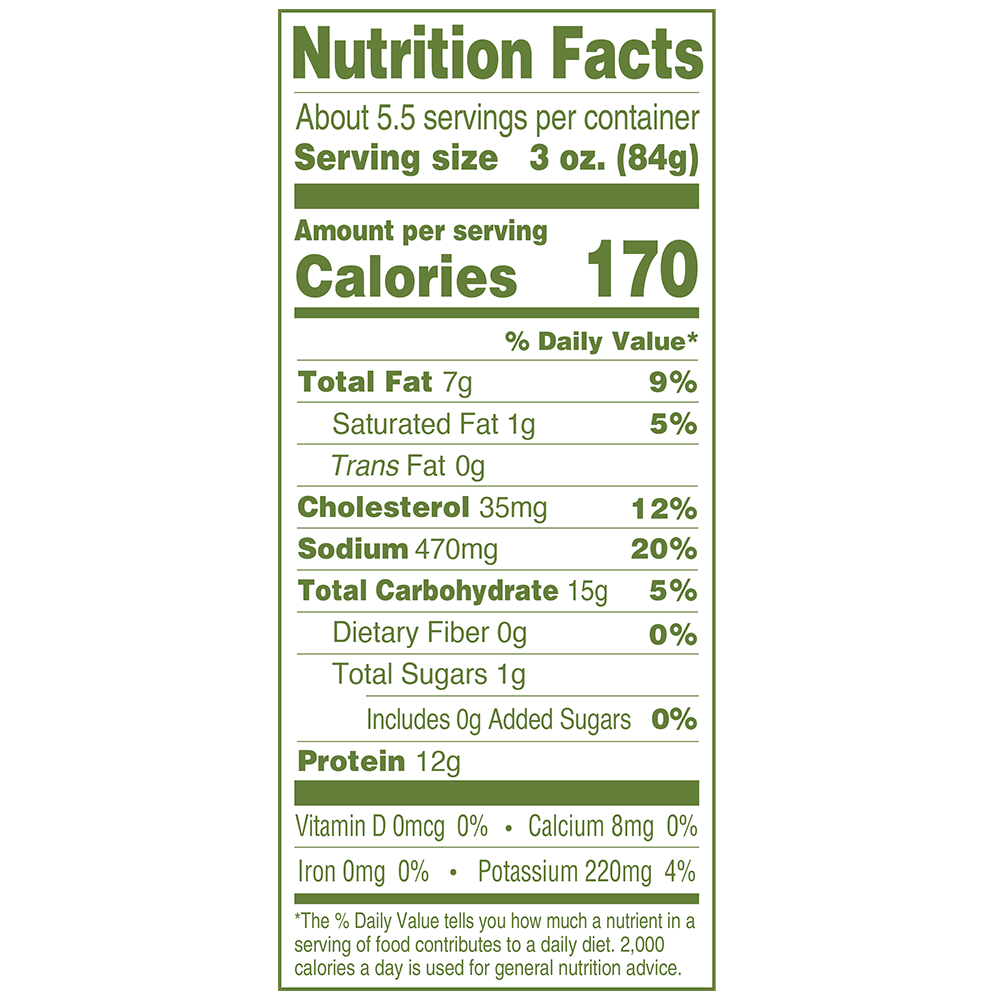Natural Spicy Chicken Tenders Nutrition Fact Panel