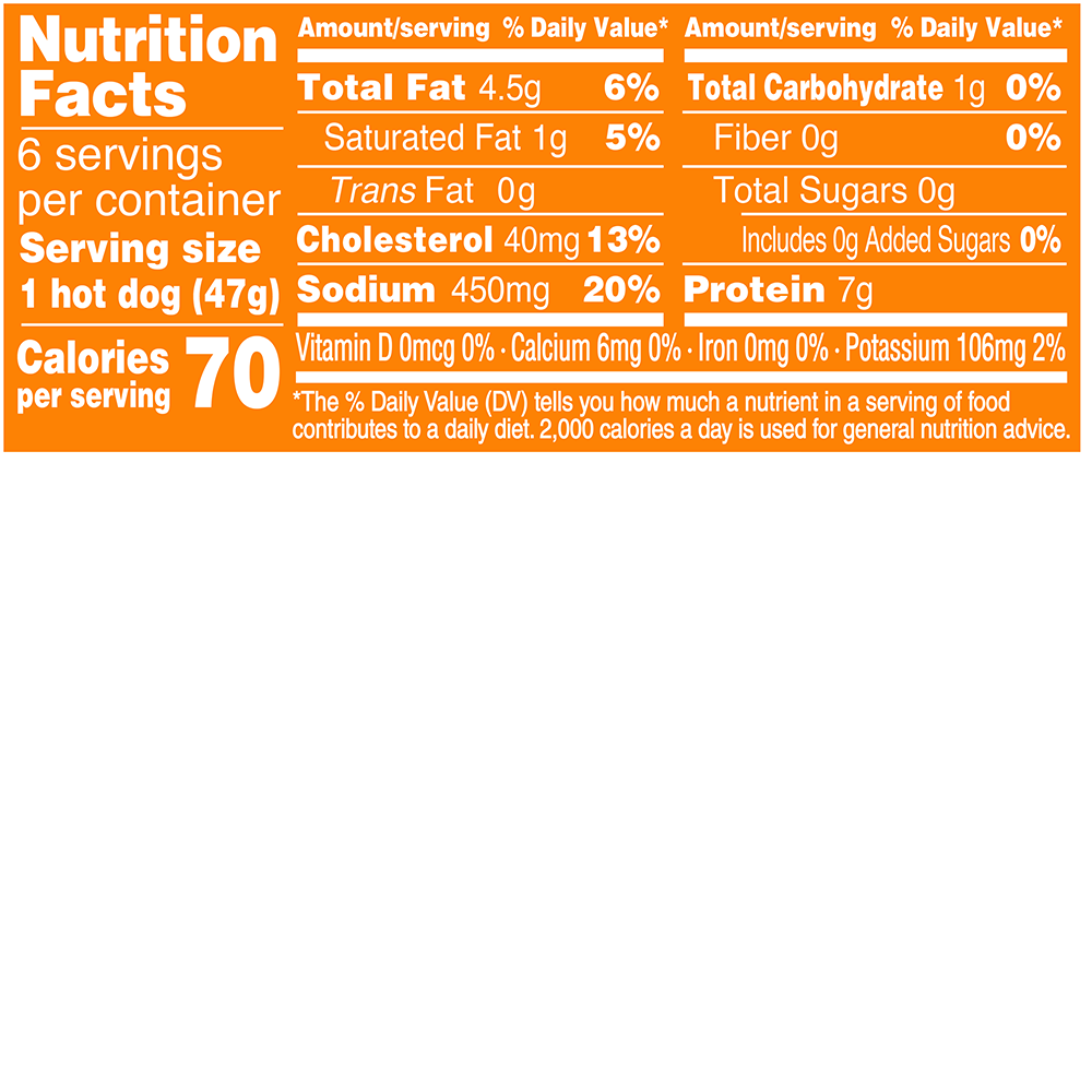 Organic Chicken Hot Dog 10oz Nutrition Fact Panel