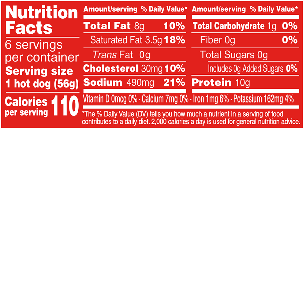 Natural Stadium Hot Dog Nutrition Fact Panel