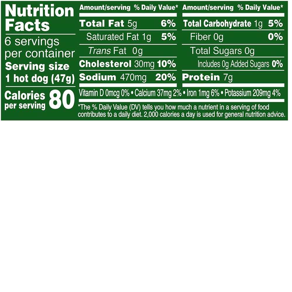 Natural Turkey Hot Dog 10oz Nutrition Fact Panel