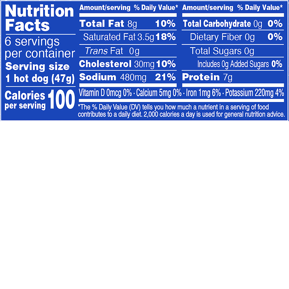 Applegate Organics® The Great Organic Uncured Beef Hot Dog™ - 10oz Nutrition Label