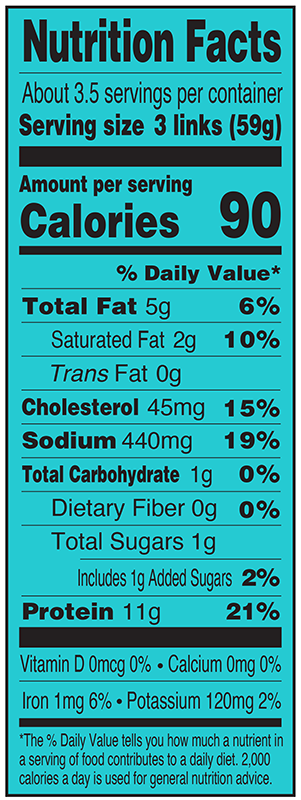 Natural Savory Breakfast Sausage Links Nutrition Facts Panel 00025317694001